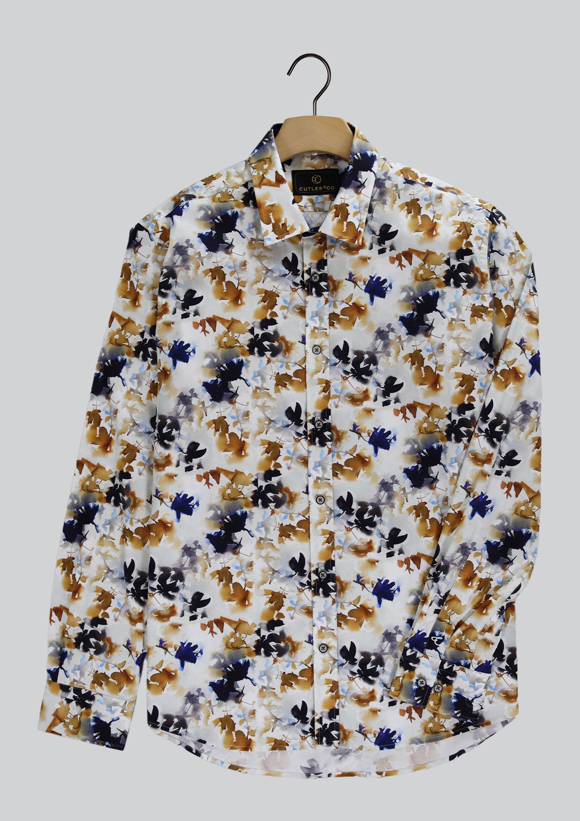 Cutler & Co Blake Long Sleeved Shirt: Watercolour Print - Gold