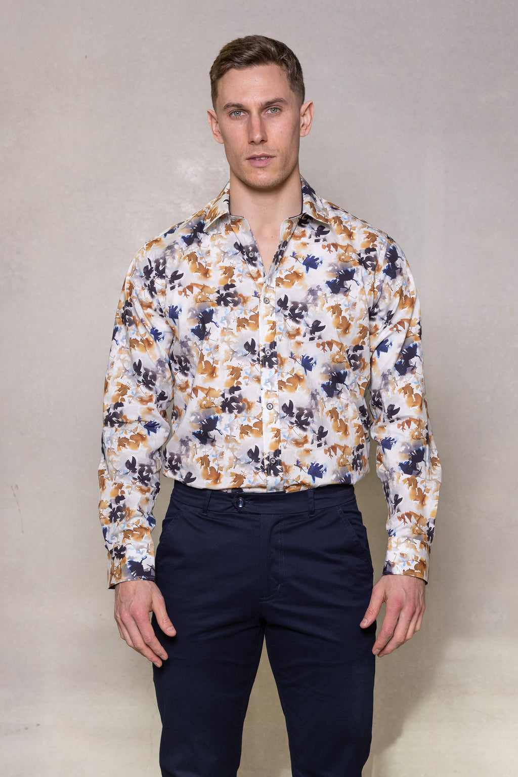 Cutler & Co Blake Long Sleeved Shirt: Watercolour Print - Gold