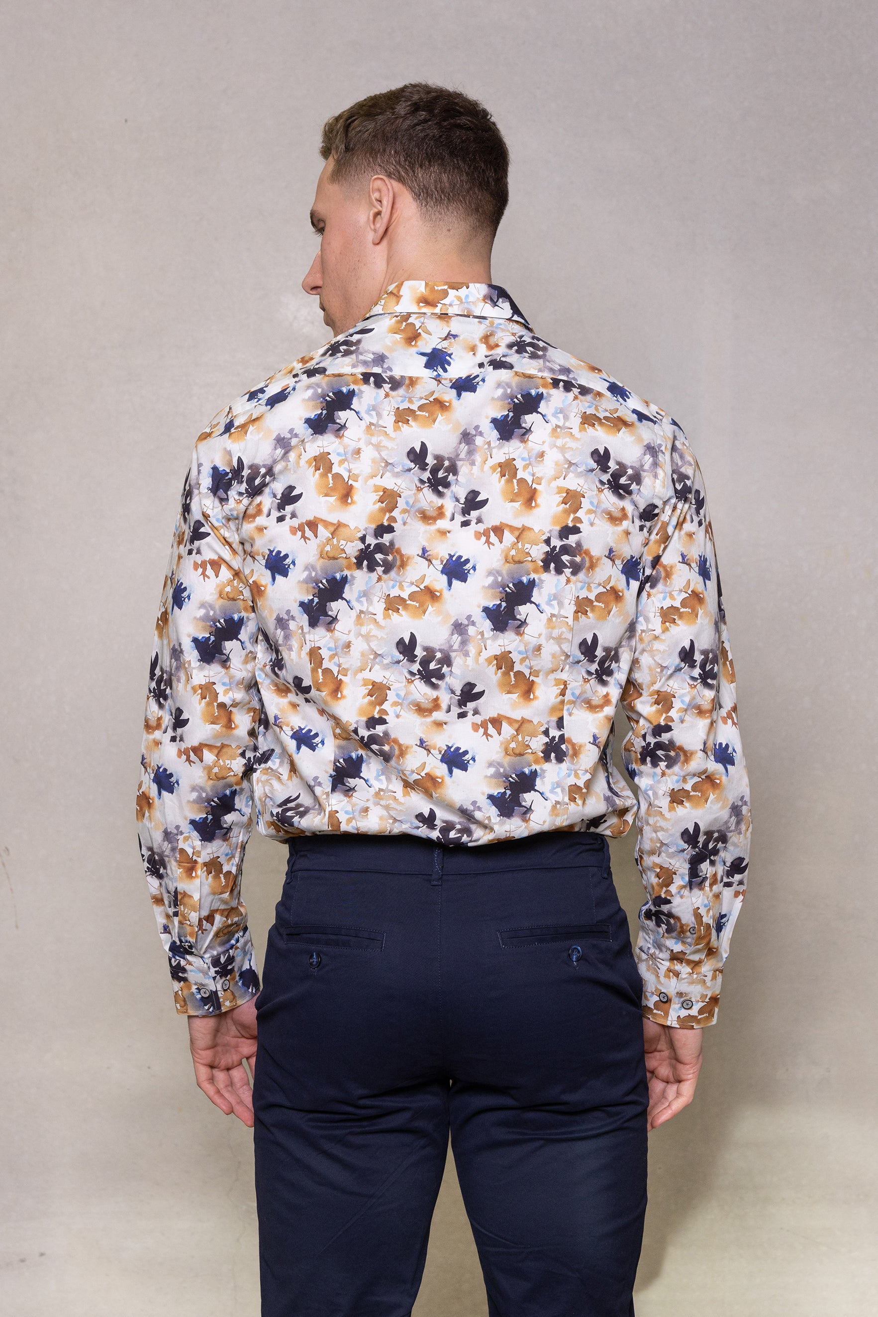 Cutler & Co Blake Long Sleeved Shirt: Watercolour Print - Gold