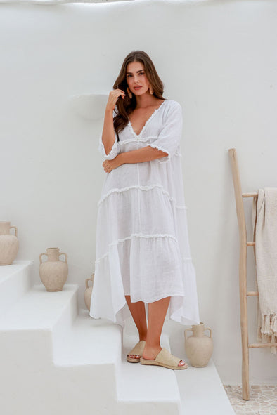 Emily Italian Linen Maxi Dress in White