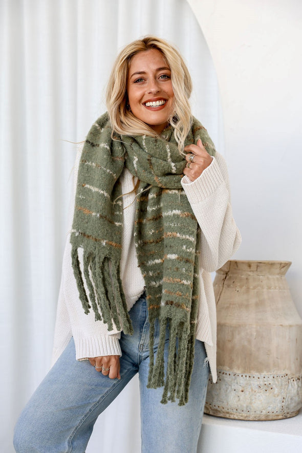 Chunky Knit Scarf in Khaki Stripe