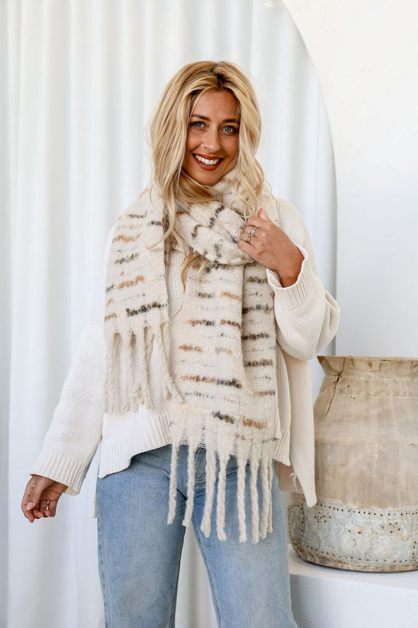 Chunky Knit Scarf in Oatmeal Stripe