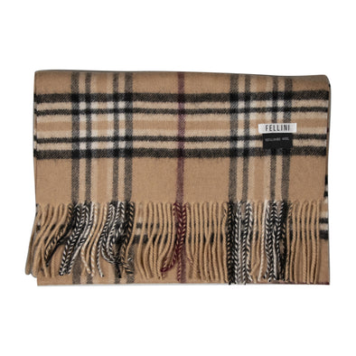 100% Lambs Wool Scarf - Tan Check