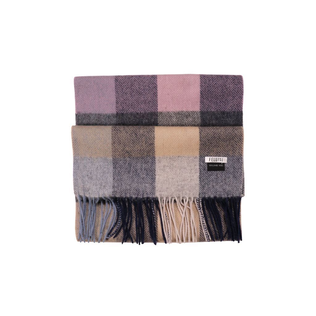 100% Lambs Wool Scarf - Lilac Beige Plaid