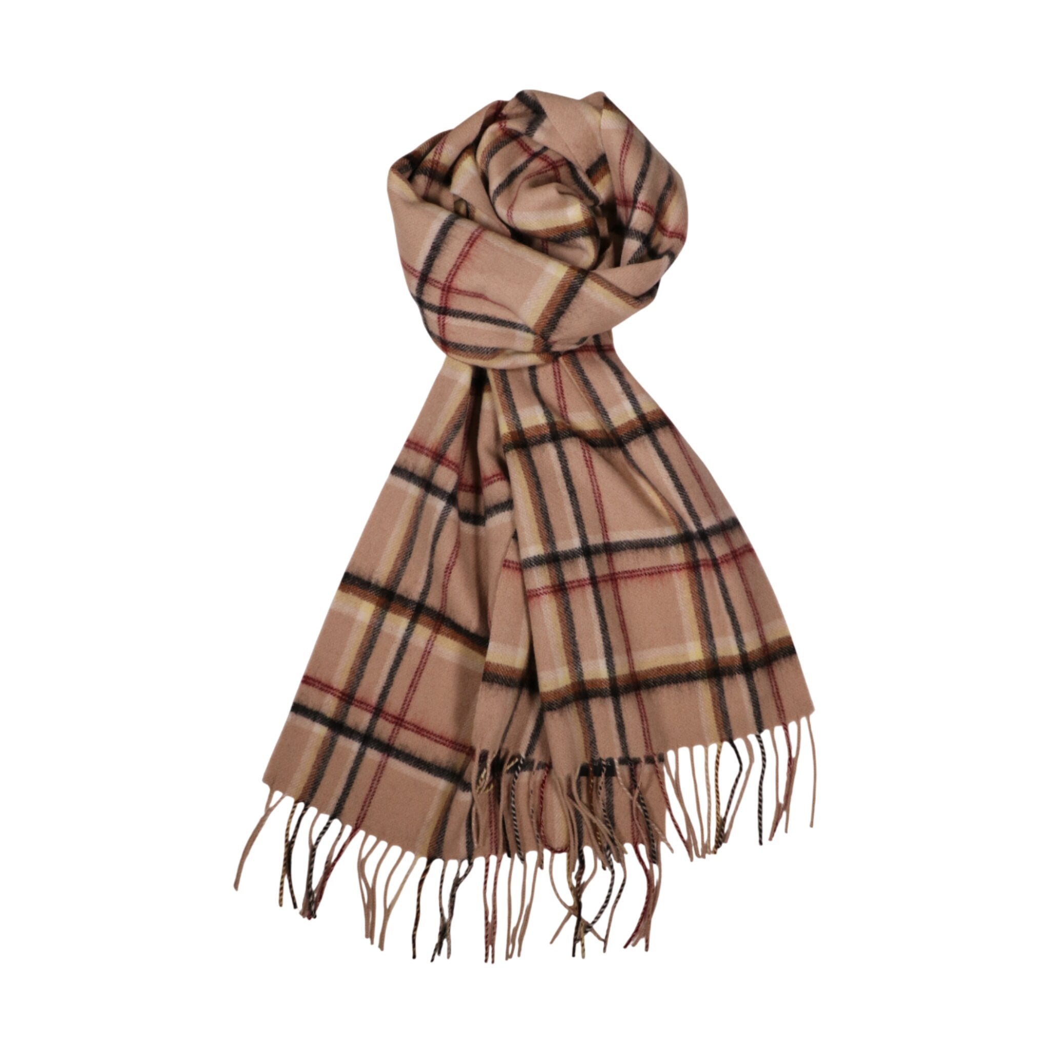 100% Lambs Wool Scarf - Red Beige Tartan