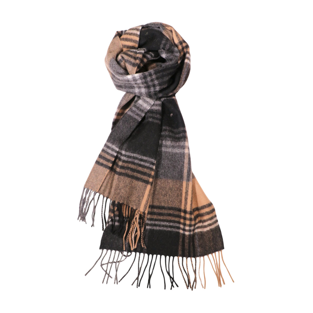 100% Lambs Wool Scarf - Tan Grey Plaid