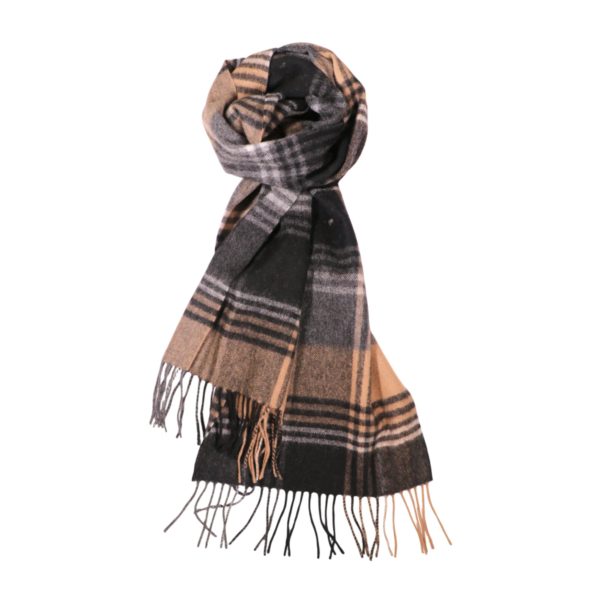 100% Lambs Wool Scarf - Tan Grey Plaid