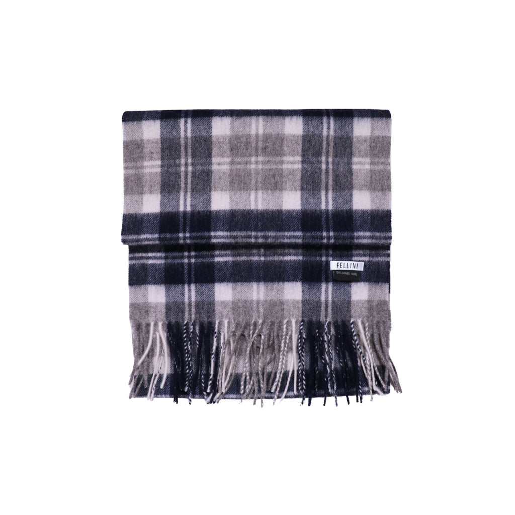 100% Lambs Wool Scarf - Grey Navy Plaid