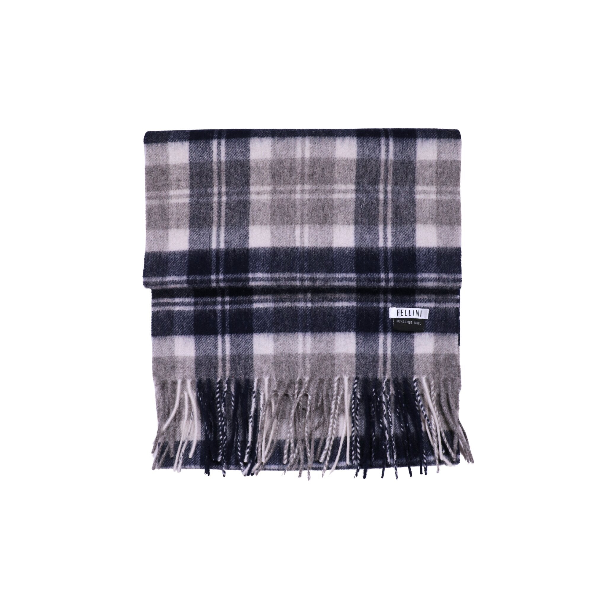 100% Lambs Wool Scarf - Grey Navy Plaid