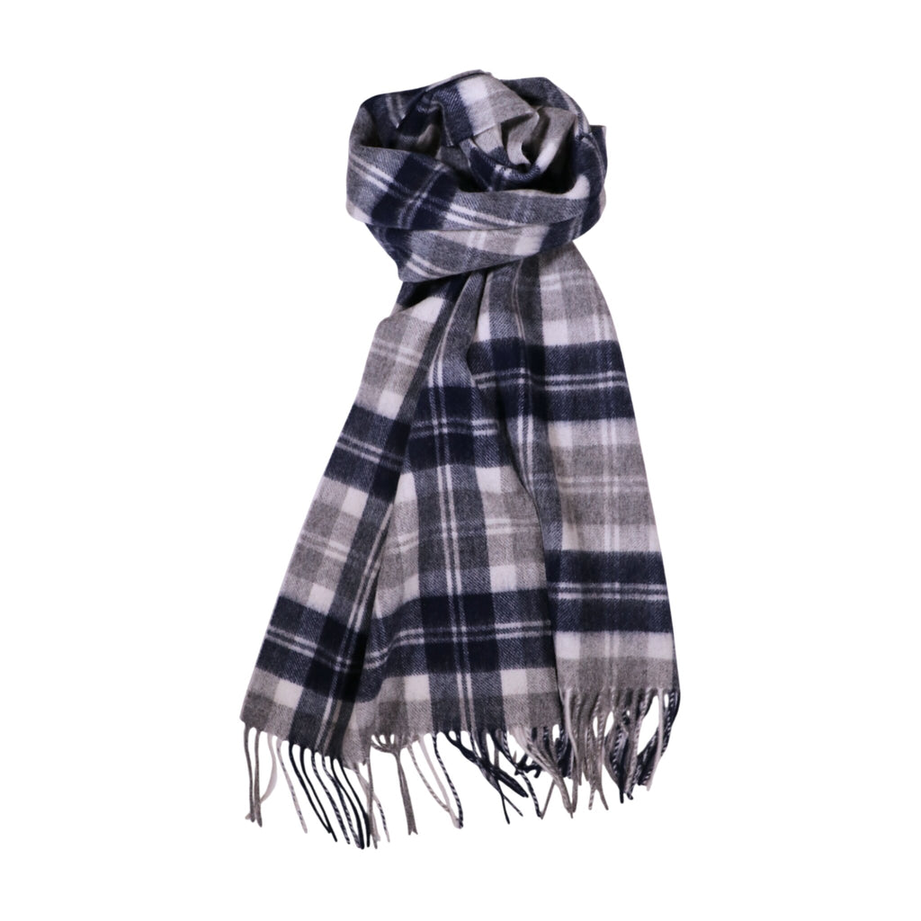 100% Lambs Wool Scarf - Grey Navy Plaid