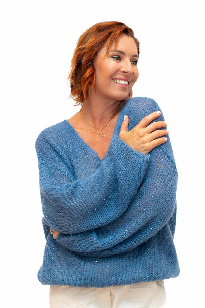 The Italian Closet: Glint - Kid Mohair Mix Knit with Sequin in Denim