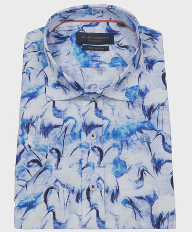 Guide London Short Sleeve Shirt : Bird Pattern - Blue