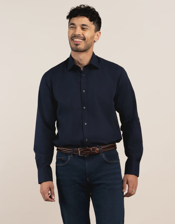 London Long Sleeve Shirt: Plain Poplin - Navy