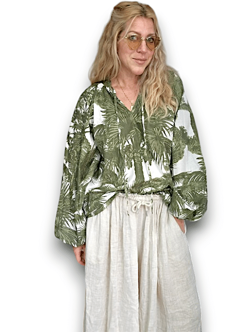 Ida Ivy: Pouf Sleeve Tunic - Green Palm Porcelain