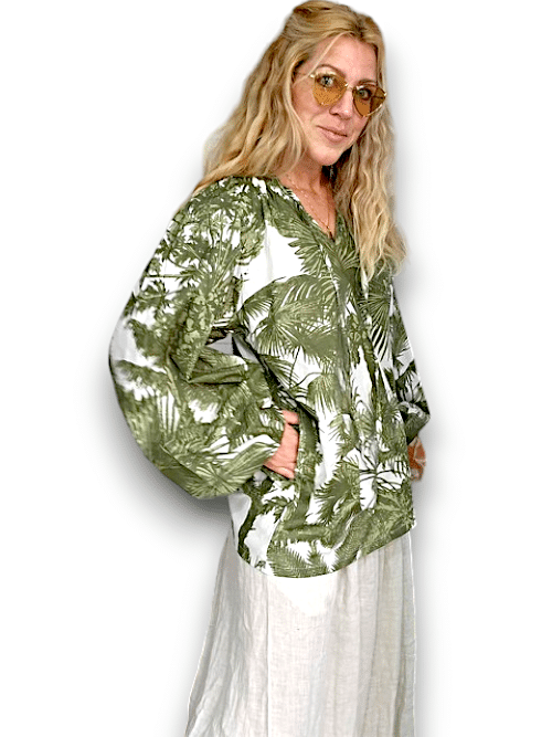 Ida Ivy: Pouf Sleeve Tunic - Green Palm Porcelain