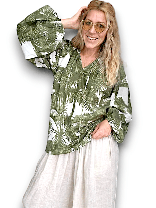 Ida Ivy: Pouf Sleeve Tunic - Green Palm Porcelain