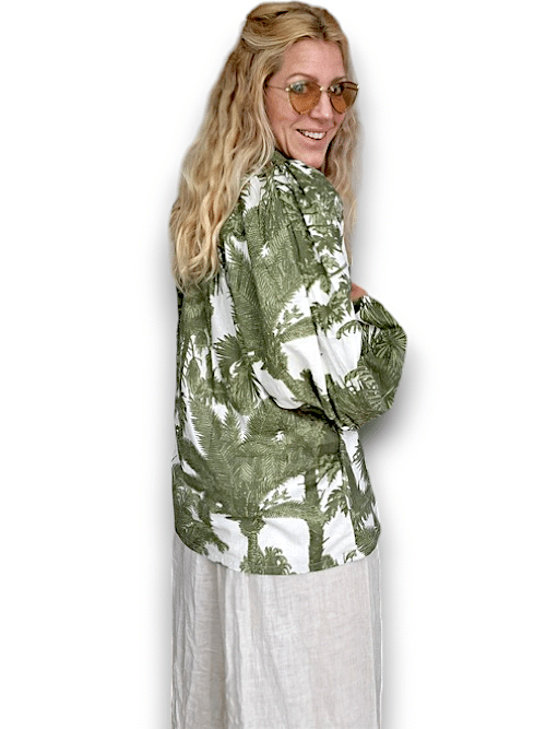 Ida Ivy: Pouf Sleeve Tunic - Green Palm Porcelain