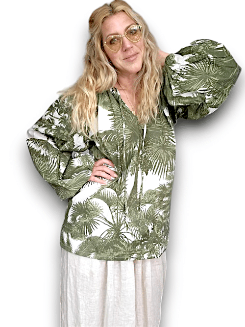 Ida Ivy: Pouf Sleeve Tunic - Green Palm Porcelain