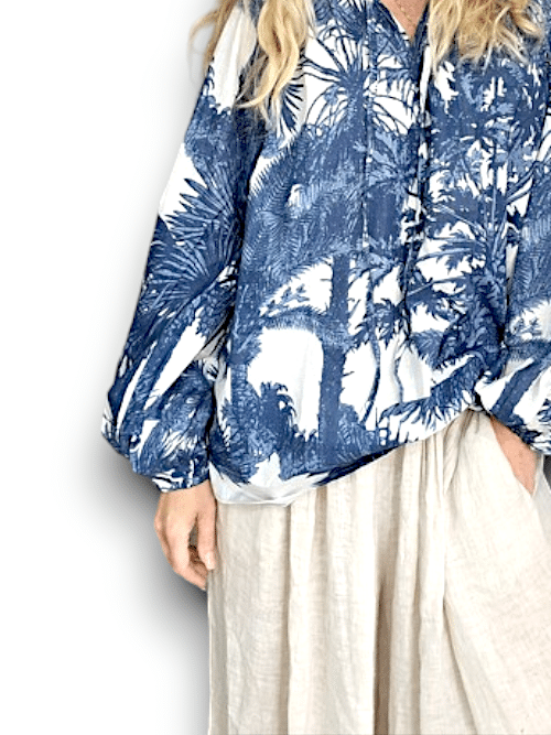 Ida Ivy: Pouf Sleeve Tunic - Blue Palm Porcelain