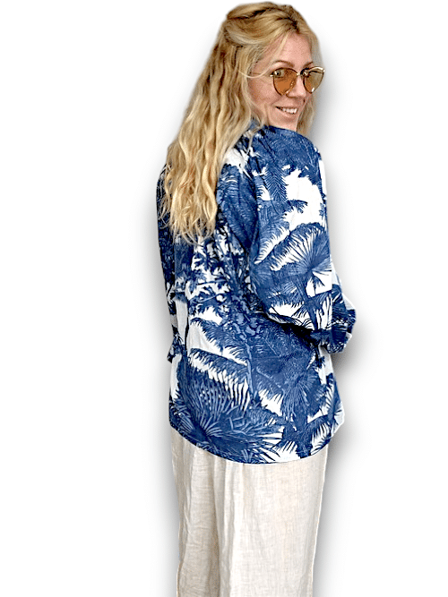 Ida Ivy: Pouf Sleeve Tunic - Blue Palm Porcelain