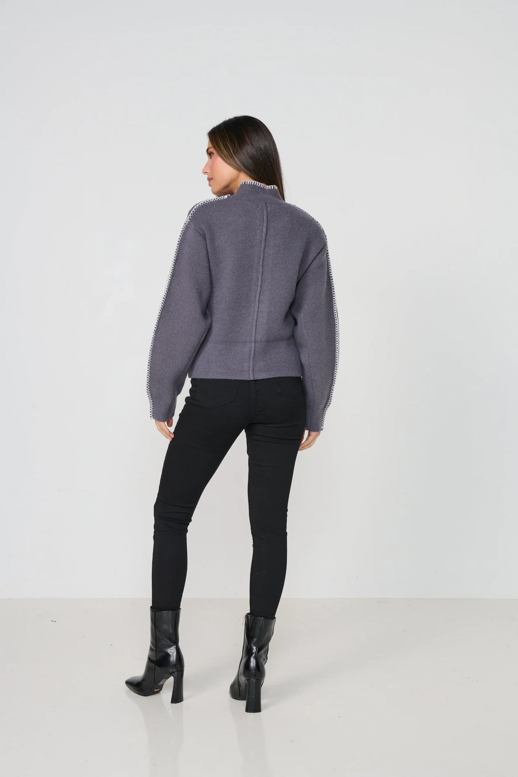 Caju Contrast Stitch Cardi - Smoke