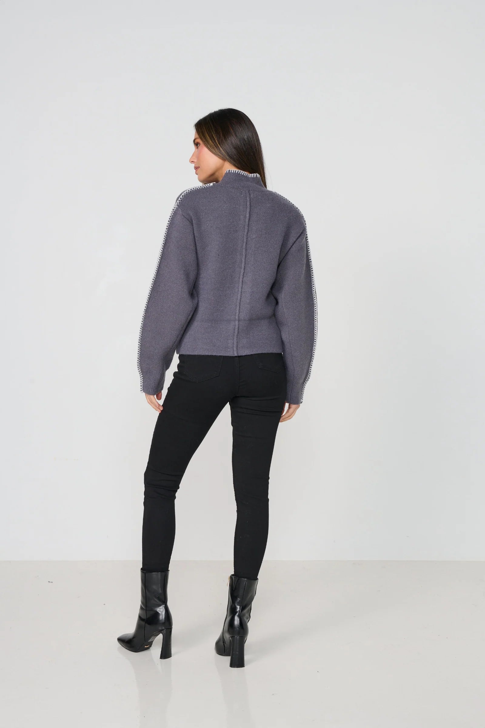 Caju Contrast Stitch Cardi - Smoke
