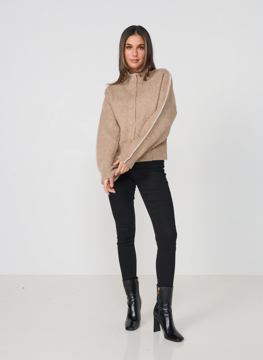 Caju Contrast Stitch Cardi - Beige