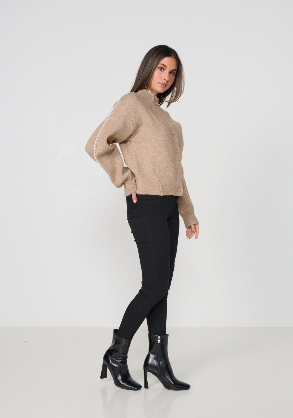 Caju Contrast Stitch Cardi - Beige