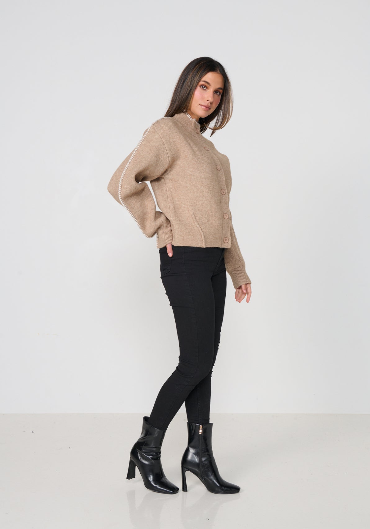 Caju Contrast Stitch Cardi - Beige