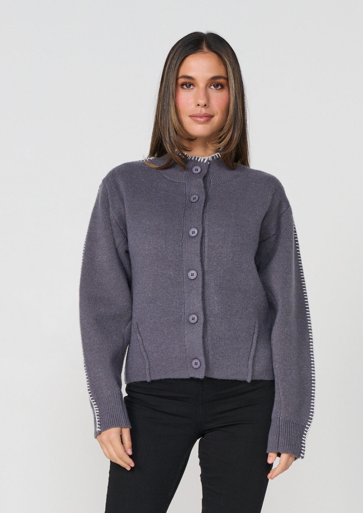 Caju Contrast Stitch Cardi - Smoke