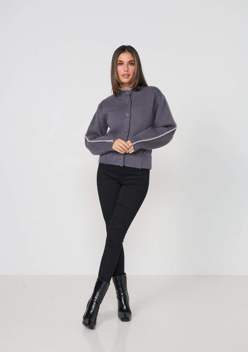 Caju Contrast Stitch Cardi - Smoke