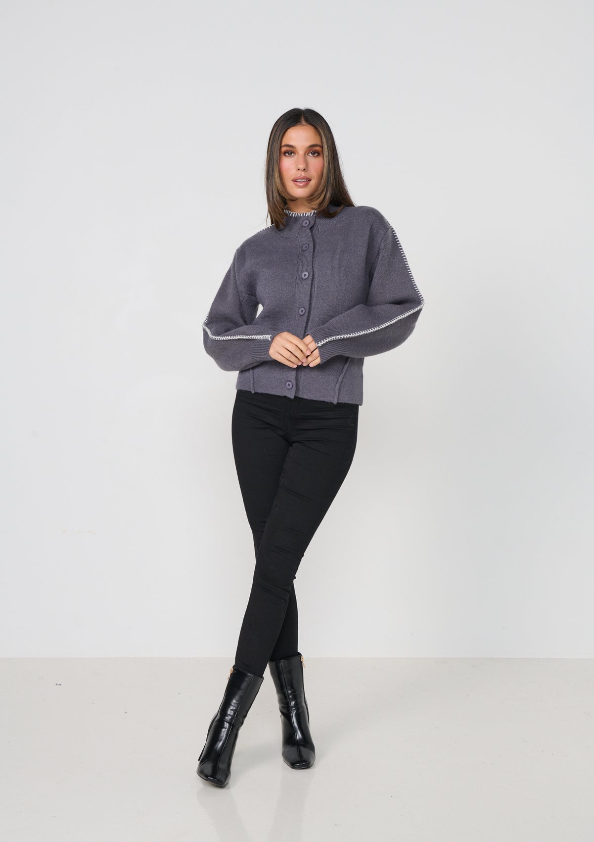 Caju Contrast Stitch Cardi - Smoke