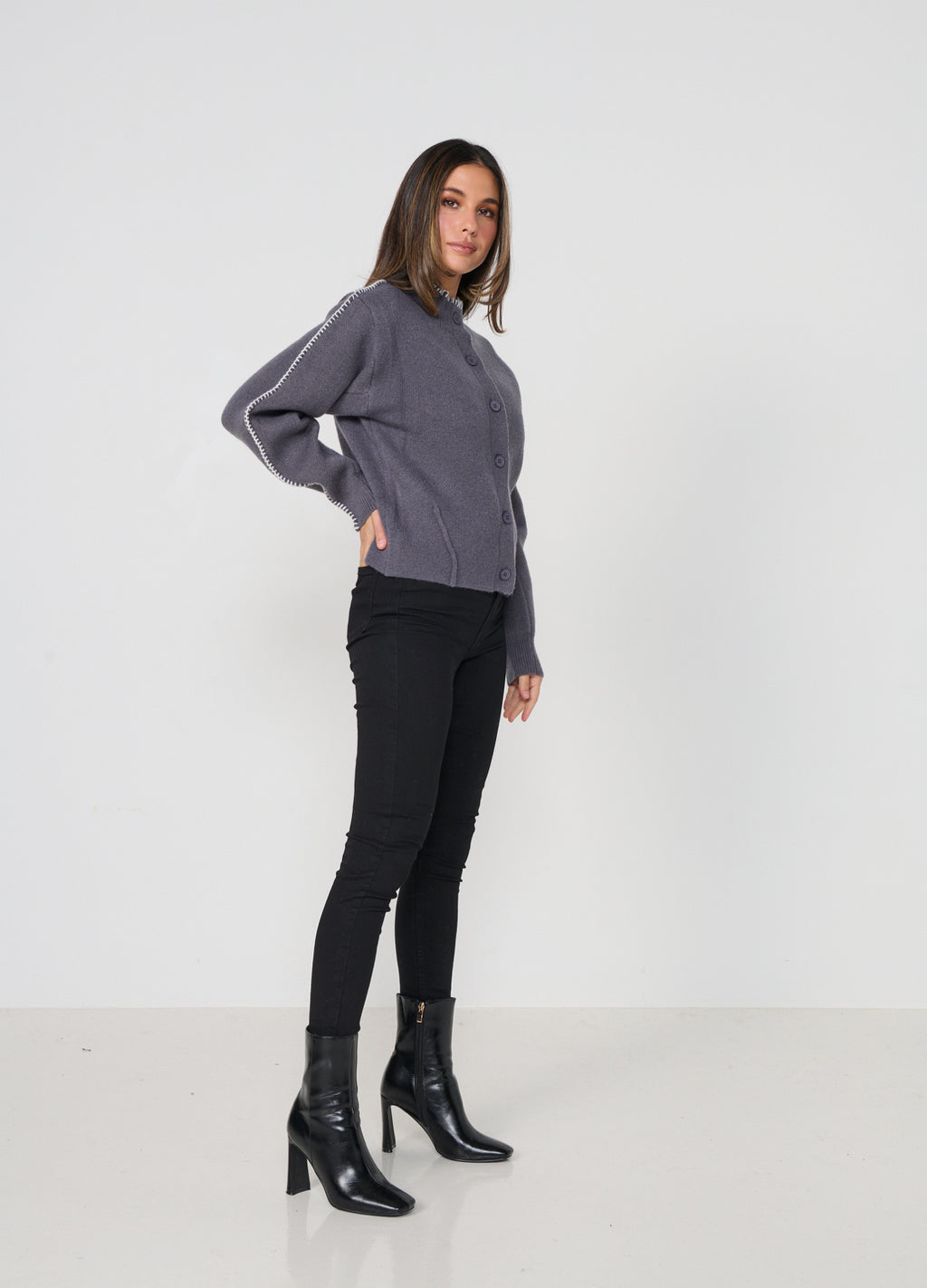 Caju Contrast Stitch Cardi - Smoke