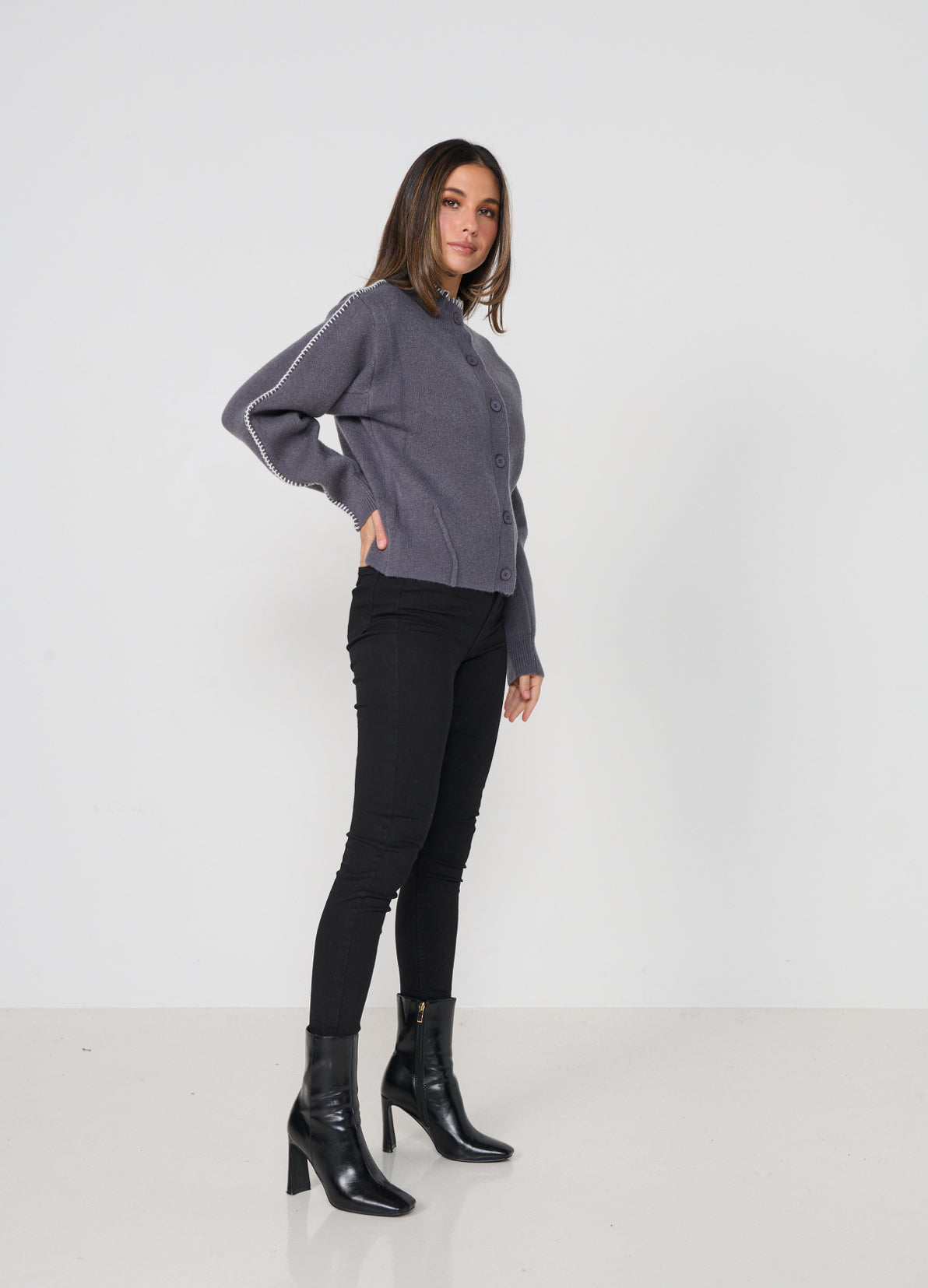 Caju Contrast Stitch Cardi - Smoke