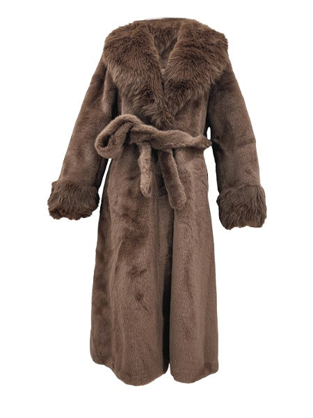 Long Plush Vegan Fur Evening Coat in Chocolate