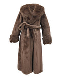 Long Plush Vegan Fur Evening Coat in Chocolate