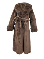 Long Plush Vegan Fur Evening Coat in Chocolate