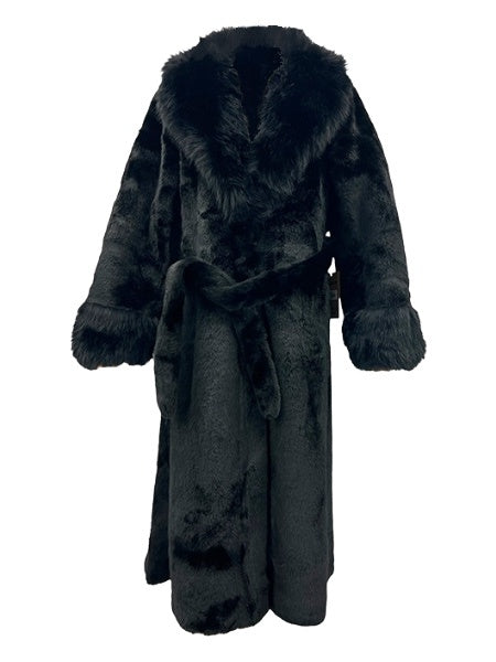 Long Plush Vegan Fur Evening Coat in Noir