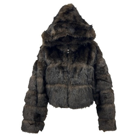 Plush Vegan Fur Hooded Jacket in Mink