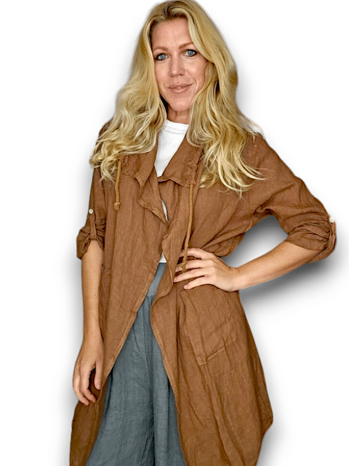 Helga May: Long Drawstring Linen Jacket - Coffee