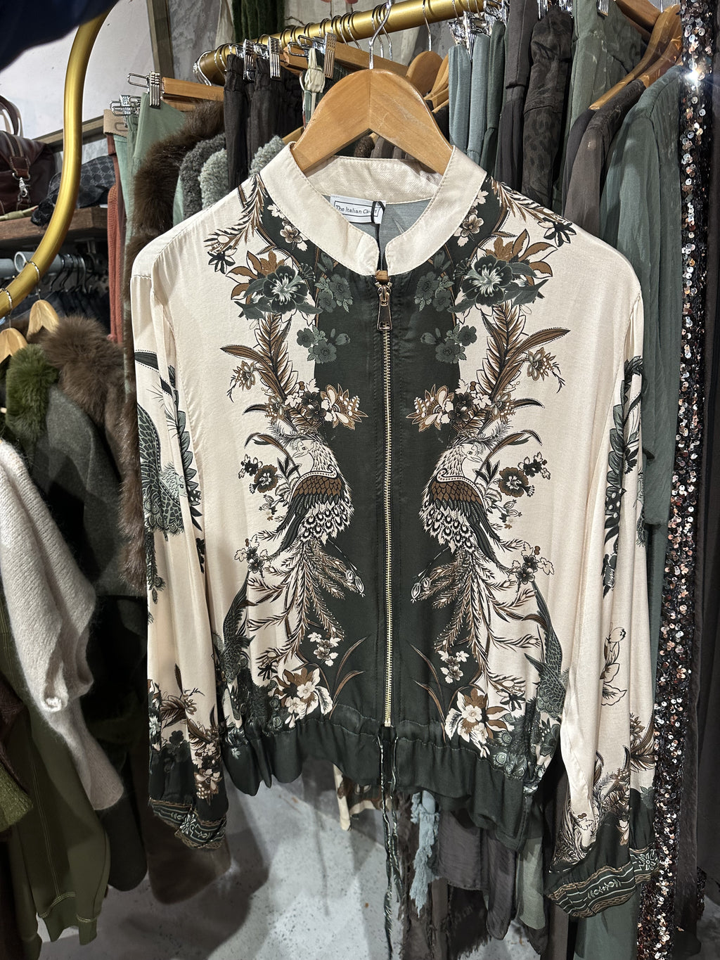 Zampa Satin Bomber Jacket in Dark Olive