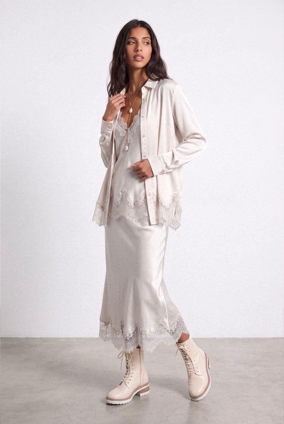 Made in Italy Bias Cut Lace Trim Silky Skirt