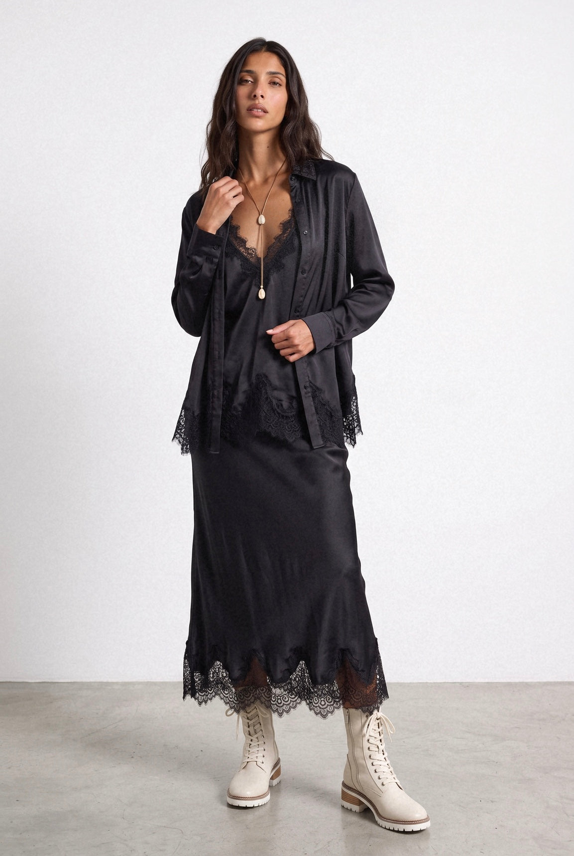 Made in Italy Bias Cut Lace Trim Silky Skirt