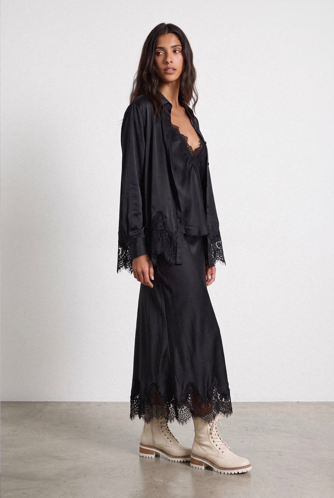 Made in Italy Bias Cut Lace Trim Silky Skirt