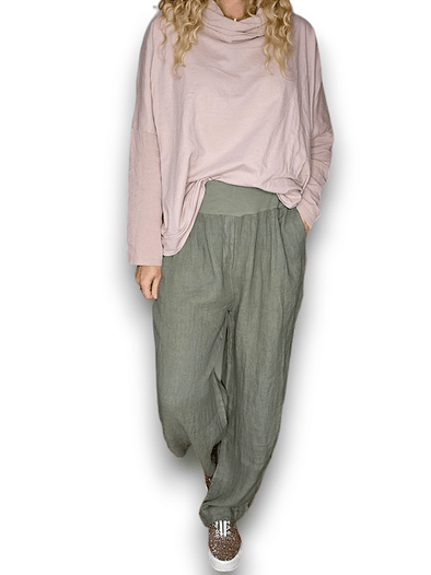 Helga May: Elastic Waist Linen Pant - Forest