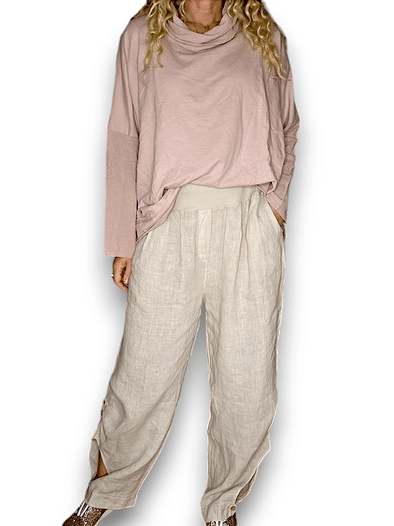 Helga May: Elastic Waist Linen Pant - Light Beige