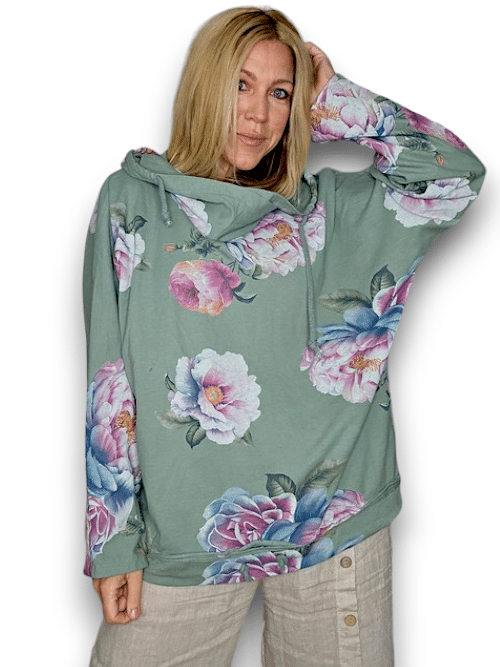 Helga May Cotton Hoodie: Ombre Peony - Sage Green