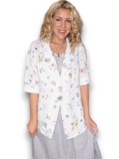 Helga May: Linen Suit Jacket - Windy Bloom White