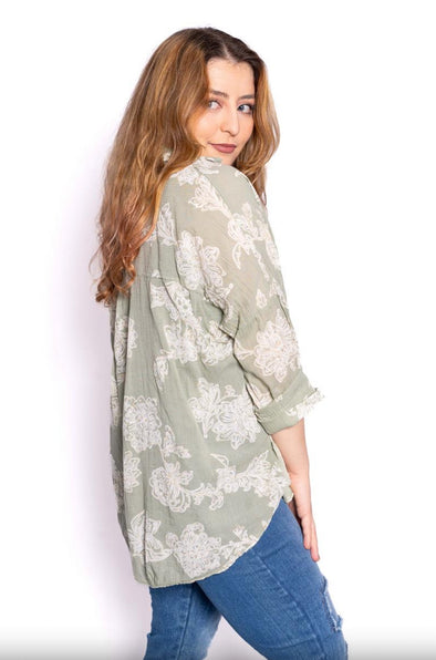 The Italian Closet: Philly 100% Cotton Glitter Print shirt - Sage