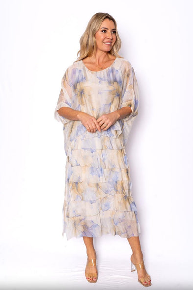 The Italian Closet - Elegance Floral Silk Dress - Ocean Sand